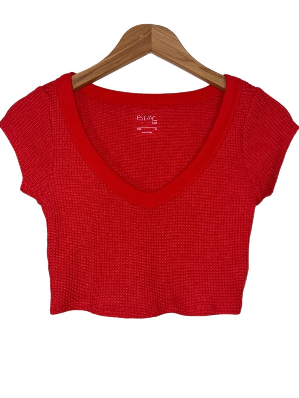 NWT PacSun Red V-Neck Cropped Waffle Knit Short Sleeve Baby Tee Size XS